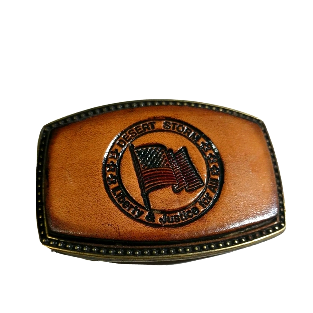 VTG. Belt Buckle Tooled Leather on Brass Desert Storm Liberty & Justice For All